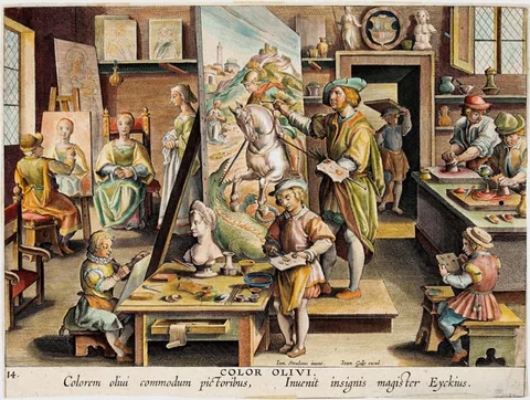 Aynı atölyede resim yapan sanatçıları ve sanat araçlarını gösteren tarihsel illüstrasyon